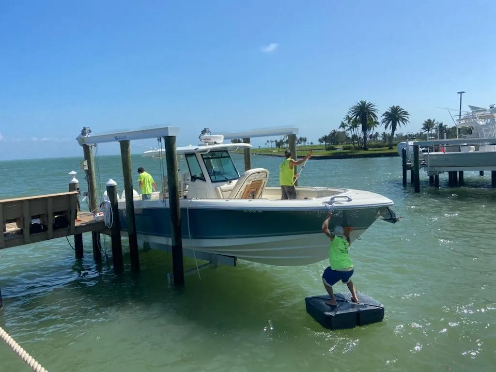 Canvas boat top treated with waterproofing dockside