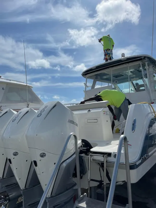 Boat cockpit carpet being deep cleaned